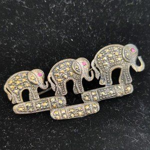 Family of Elephants Brooch w/ Ruby Gemstone Eyes Sterling Silver Stamped 925